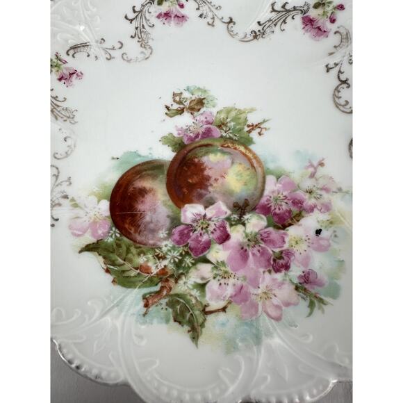 Serving Dish Bavarian Style Fruit Floral Handles Silver Gold Trim 10 Ins. - Picture 2 of 10